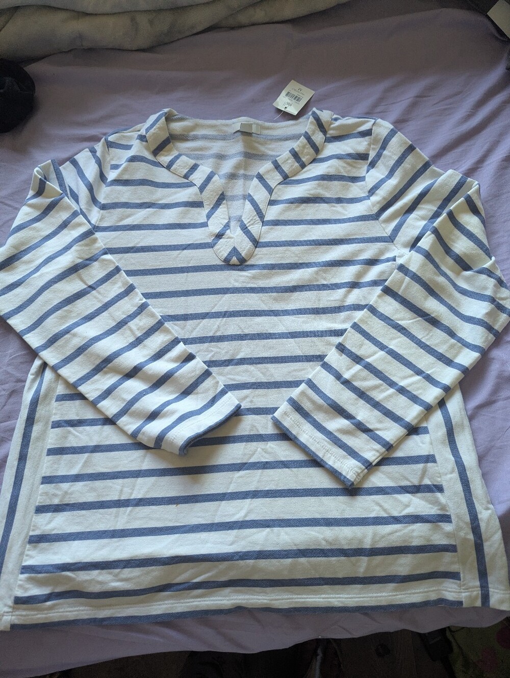 JJill Striped Long-Sleeve V-Neck Shirt in Cream and Light Blue